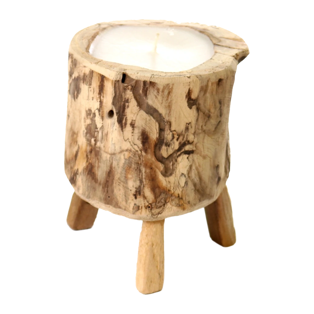 Kerze im Teakholzast mit Holzfüßen